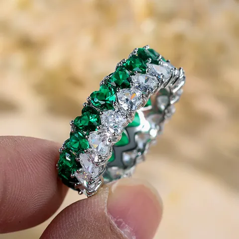 Double Row Heart Zircon Eternity Ring Copper White Gold Plated Clear Red Green Cubic Zirconia Fashion Ring For Women Jewelry Gift