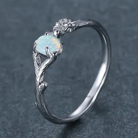 Vintage Ovaal Gesimuleerde Opaal Tak Bloem Ring Koper Zilver Goud Verguld Zirkonia Natuur Geïnspireerde Vrouwen Sieraden