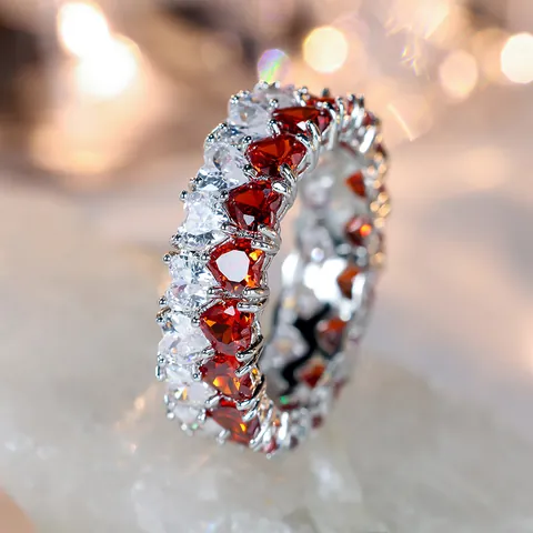 Double Row Heart Zircon Eternity Ring Copper White Gold Plated Clear Red Green Cubic Zirconia Fashion Ring For Women Jewelry Gift