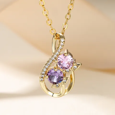 Vintage Vergoldete Kupfer Tulpe Unendlich Anhänger Halskette Mit Rosa Lila Künstlichem Kristall Strass Elegante Damen Schmuck