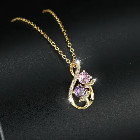 Vintage Vergoldete Kupfer Tulpe Unendlich Anhänger Halskette Mit Rosa Lila Künstlichem Kristall Strass Elegante Damen Schmuck