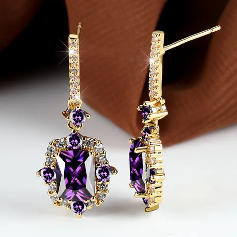 Vintage Hofstijl Vergulde Koperen Rechthoekige Edelsteen Oorbellen Elegante Geometrische Strass Ingelegde Sieraden Voor Vrouwen