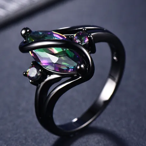 Zwart Goud Verguld Koper Marquise Regenboog Zirkonia Ring Luxe S-Vorm Mystieke Topaas Stijl Sieraden Voor Vrouwen Mode Vingerring