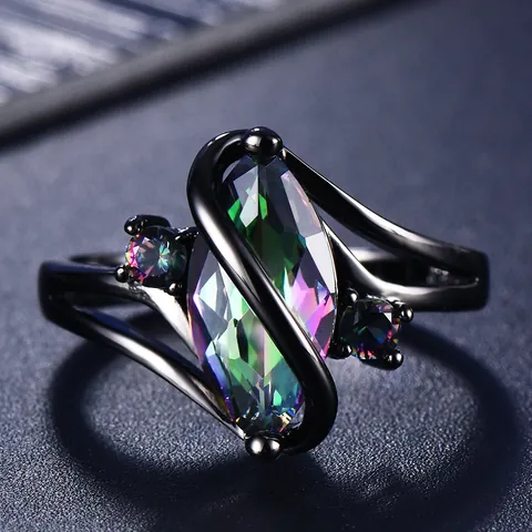 Zwart Goud Verguld Koper Marquise Regenboog Zirkonia Ring Luxe S-Vorm Mystieke Topaas Stijl Sieraden Voor Vrouwen Mode Vingerring