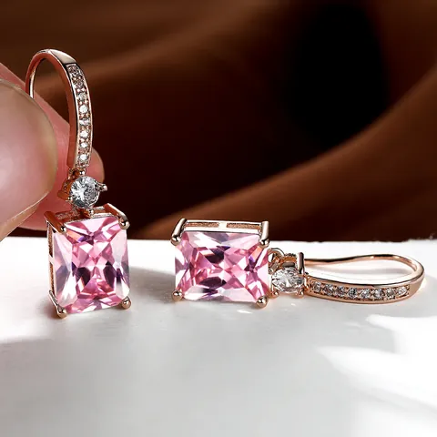 Elegant Copper Zirconia Rectangle Drop Earrings Luxury Emerald Cut Gemstone Ear Hook Plated Jewelry For Women Gift