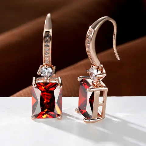 Elegant Copper Zirconia Rectangle Drop Earrings Luxury Emerald Cut Gemstone Ear Hook Plated Jewelry For Women Gift