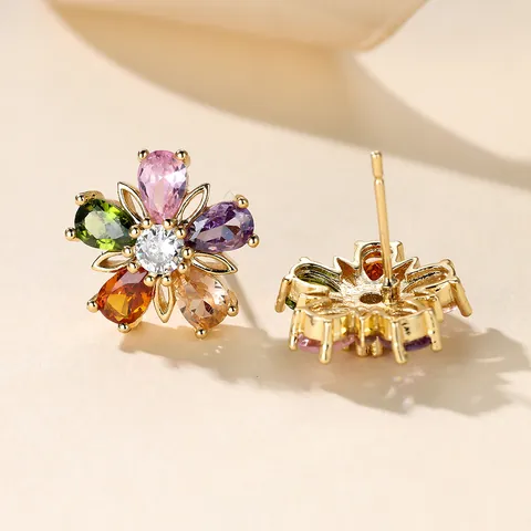 Colorful Flower Necklace And Stud Earrings Alloy Inlaid Rhinestone Multi Petal Floral Elegant Jewelry For Women