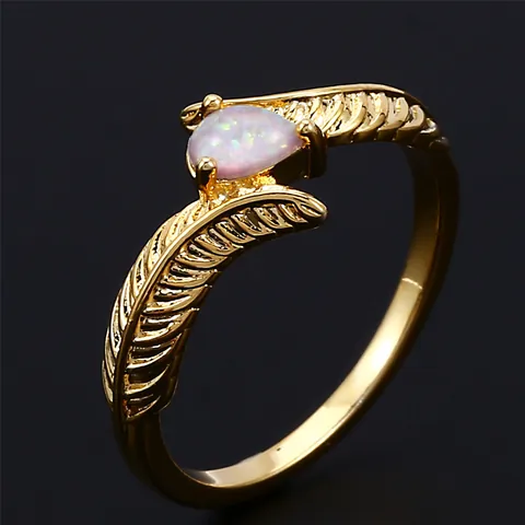 Vintage Copper Feather Open Ring For Women Water Drop White Blue Opal Inlaid Minimalist Gold Silver Plated Jewelry Gift