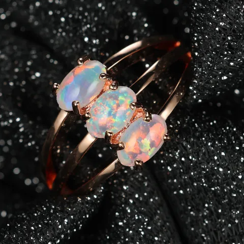 Elegant Three Stone Oval Opal Ring Triple Layer Hollow Design Copper Rose Gold White Gold Plated Geometric Four Claw Ring Women Jewelry