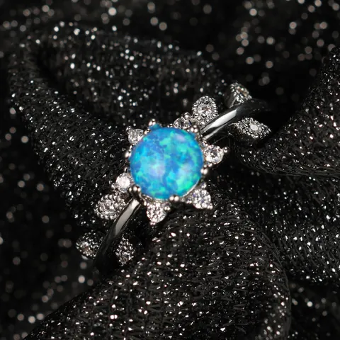 Elegant Women Copper Ring White Gold Plated Round Blue Purple White Opal Zirconia Leaf Branch Fashion Finger Jewelry Gift