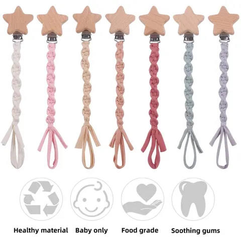Hand Woven Cotton Baby Pacifier Clip With Beech Wood Star Clip Natural Braided Pacifier Holder Chain For Infant Soothing Gums Accessory