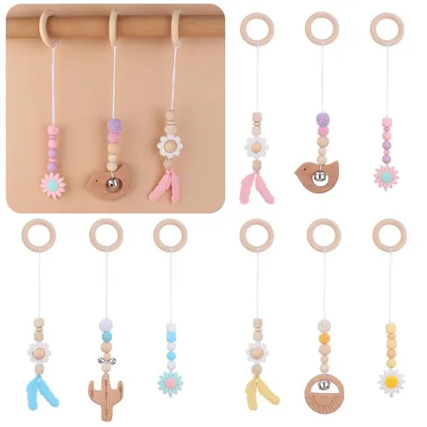 Silicone Beech Wood Baby Gym Hanging Toys Bird Flower Cactus Beads Infant Sensory Teether Play Gym Accessories For Crib