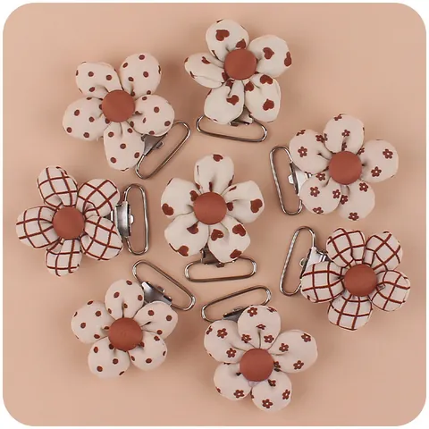 DIY Flower Pacifier Clip Accessories Cotton Fabric Cartoon Floral Heart Polka Dot Plaid Pattern Metal Safety Clip For Baby Infants Pacifier Chain Making