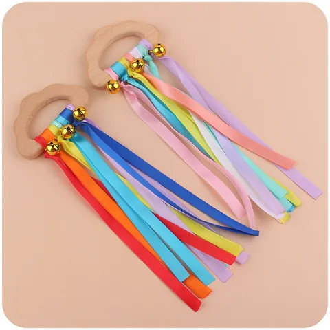 Beech Wood Cloud Baby Teether Rattle Toy With Colorful Ribbons And Golden Bells Montessori Sensory Development Grasping Toy
