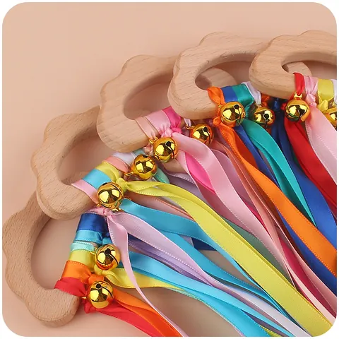 Beech Wood Cloud Baby Teether Rattle Toy With Colorful Ribbons And Golden Bells Montessori Sensory Development Grasping Toy