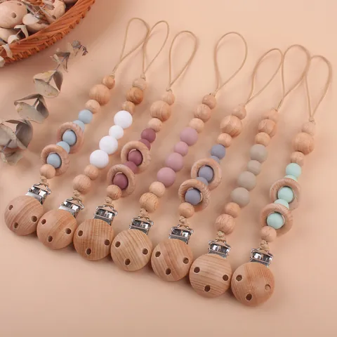 Infant Pacifier Clip Silicone Beads Beech Wood Teether Chain Anti-Drop Soother Holder Morandi Color Baby Teething Toy Accessory