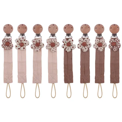 Handmade Beech Wood Baby Pacifier Clip Cartoon Flower Cotton Linen Anti-Drop Chain For Infant Toddler Teether Holder