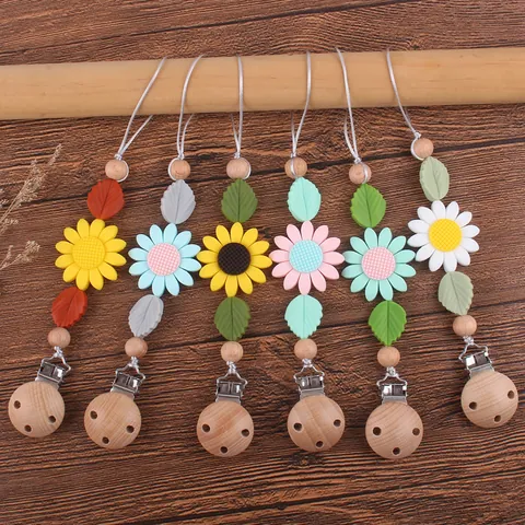 Beech Wood Silicone Baby Pacifier Clip Sunflower Daisy Teether Chain Anti-Drop Dummy Holder For Infants Toddlers 24cm