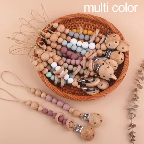 Infant Pacifier Clip Silicone Beads Beech Wood Teether Chain Anti-Drop Soother Holder Morandi Color Baby Teething Toy Accessory