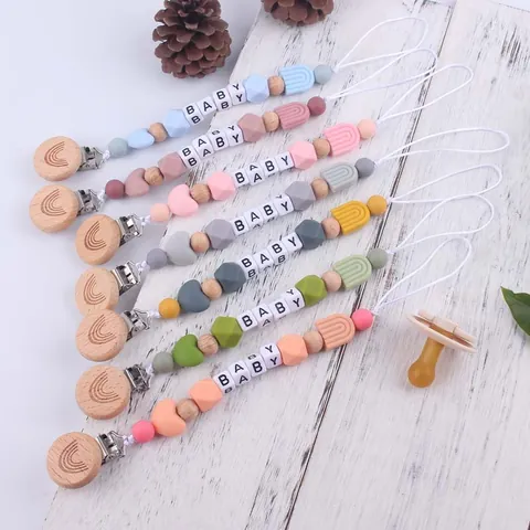 Silicone Beech Wood Baby Pacifier Clip Rainbow Engraved Infant Teether Chain BPA Free Letter Beads Soothing Toy Holder