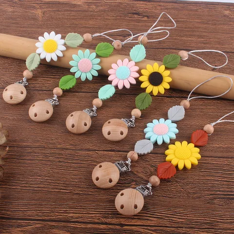 Beech Wood Silicone Baby Pacifier Clip Sunflower Daisy Teether Chain Anti-Drop Dummy Holder For Infants Toddlers 24cm