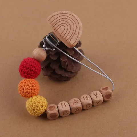 Handmade Wooden Baby Pacifier Clip Teething Chain Beech Wood Holder With Cotton Crochet Beads Soothing Toy For Infants Toddlers