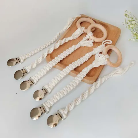 Handmade Cotton Rope Pacifier Clip With Natural Beech Wood Ring Bohemian Style Baby Teether Chain For Infants Newborns