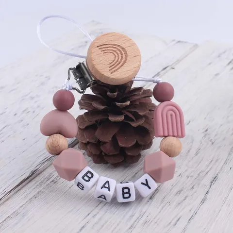 Silicone Beech Wood Baby Pacifier Clip Rainbow Engraved Infant Teether Chain BPA Free Letter Beads Soothing Toy Holder
