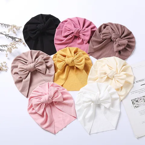 Baby Turban Hat Large Bow Ribbed Knit Soft Cotton Headwrap Beanie For Newborn Infant Toddler Girls Accessories