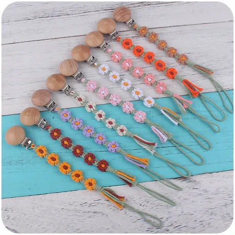 Handgefertigte Gehäkelte Blume Baby Schnullerkette Mit Buchenholz Metallklemme Baumwollseil Geflochtene Anti-Drop-Kette
