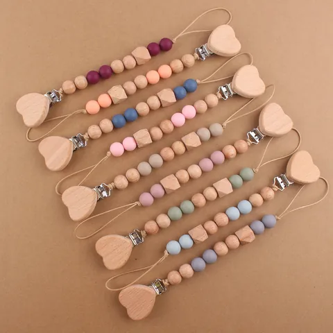 Handmade Baby Silicone Beechwood Pacifier Clip Heart Shape Wood Clip Teether Beads Chain Soother Holder For Infants Teething Toy