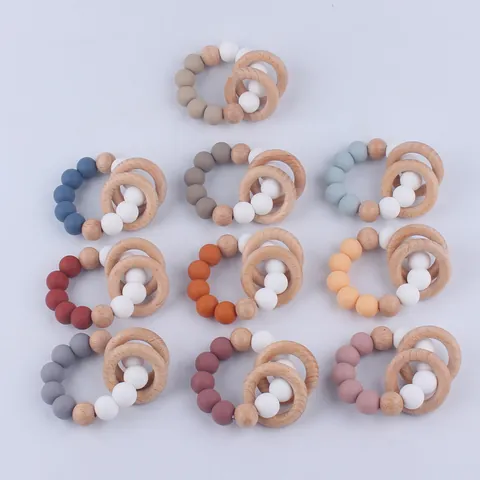 Silicone Beads Beech Wood Ring Baby Teether Bracelet Infants Toddlers Teething Relief Sensory Toy Natural BPA Free Nursing Jewelry