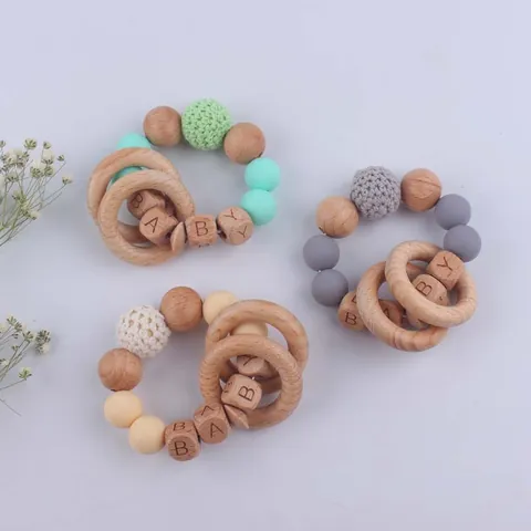 Baby Teether Rattle Bracelet Silicone Beech Wood Beads Crochet Bead Alphabet Letter BABY Teething Ring Natural Sensory Toy For Infants