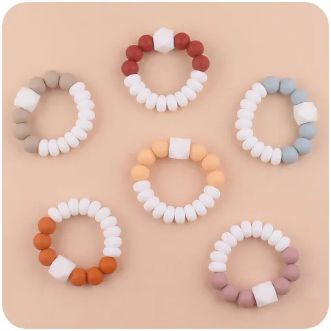 Baby Silicone Teether Bracelet For Infants Food Grade Silicone Teething Ring With Geometric Beads Soothing Sensory Toy