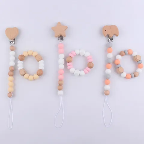 Silicone And Beech Wood Baby Pacifier Clip And Teether Set Cartoon Elephant Star Heart Pattern Food Grade Beads Infant Anti Drop Chain