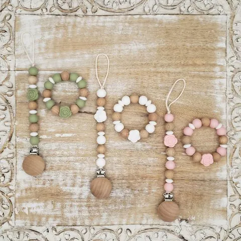 Baby Silicone Rose Flower Beads Pacifier Clip And Teether Bracelet Beech Wood Soothing Toy For Infants Accessories