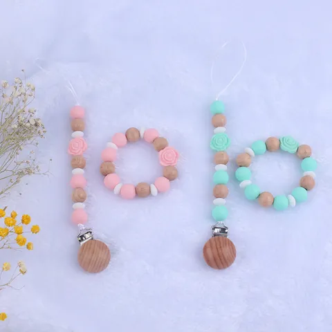 Baby Silicone Rose Flower Beads Pacifier Clip And Teether Bracelet Beech Wood Soothing Toy For Infants Accessories