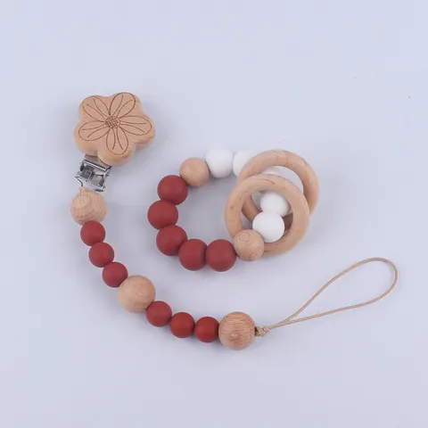 Beechwood Silicone Baby Pacifier Chain Teething Set Soothing Beads Animal Flower Shaped Infant Teether Ring Newborn Gift