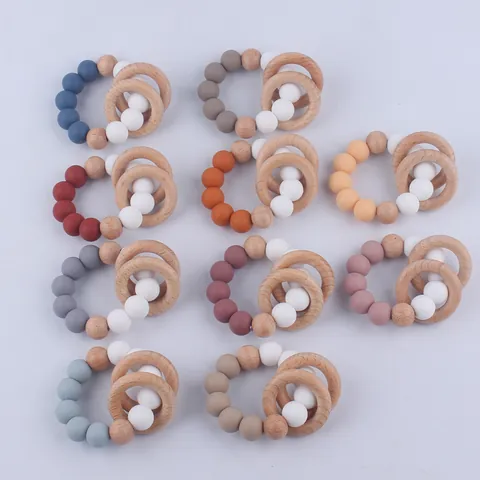 Silicone Beads Beech Wood Ring Baby Teether Bracelet Infants Toddlers Teething Relief Sensory Toy Natural BPA Free Nursing Jewelry