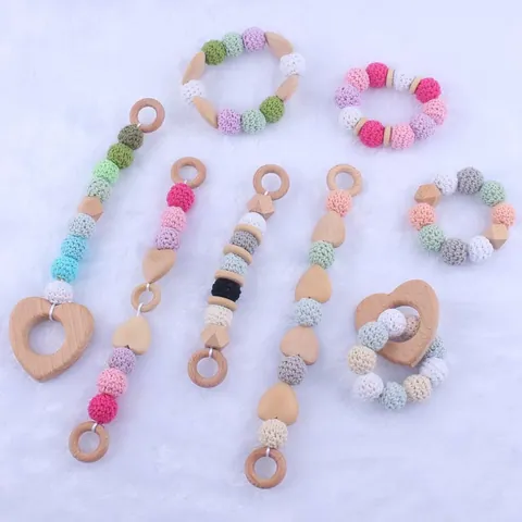 Macaron Beech Wood Baby Teether Toy Handmade Crochet Cotton Ball Heart Bracelet Soothing Sensory Grasping Ring For Infant