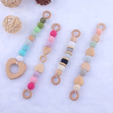 Macaron Beech Wood Baby Teether Toy Handmade Crochet Cotton Ball Heart Bracelet Soothing Sensory Grasping Ring For Infant