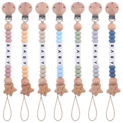 Silicone Beech Wood Baby Pacifier Clip Star Teether Chain With Letter Beads For Infant Soothing Teething Toy Holder
