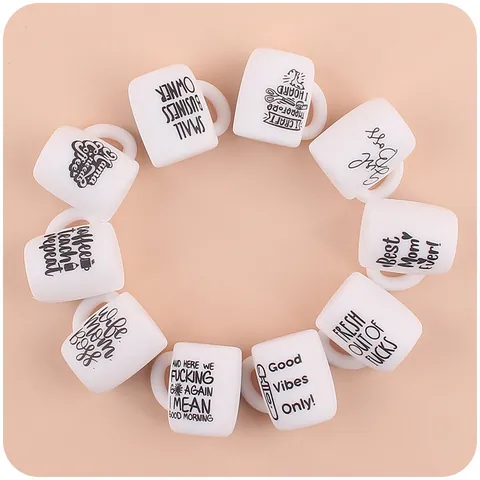 Mini Mug Silicone Beads For DIY Teether Necklace Keychain Accessory Best Mom Ever Girl Boss Pattern Cartoon Cup Beads