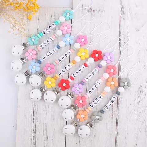 Cartoon Flower Baby Pacifier Clip Silicone Wooden Beads Personalized Letter Teething Chain Holder DIY Infant Soother Leash