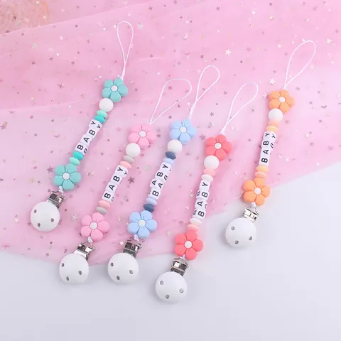 Cartoon Flower Baby Pacifier Clip Silicone Wooden Beads Personalized Letter Teething Chain Holder DIY Infant Soother Leash