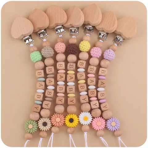 Chupetero de Madera de Haya y Silicona Clip de Corazón Margarita Cuentas de Alfabeto de Madera Para Bebés