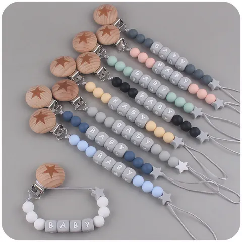 Attache-tétine en Silicone pour Bébé Avec Perles Étoiles en Bois de Hêtre Chaîne de Tétine Fait Main pour Garçons Filles