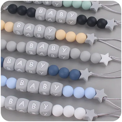 Attache-tétine en Silicone pour Bébé Avec Perles Étoiles en Bois de Hêtre Chaîne de Tétine Fait Main pour Garçons Filles