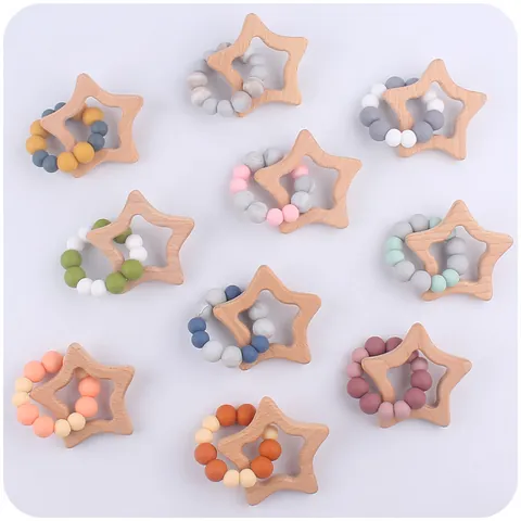 Cartoon Star Beech Wood Silicone Baby Teether Bracelet Color Blocking Beads Teething Relief Ring Toy For Infants