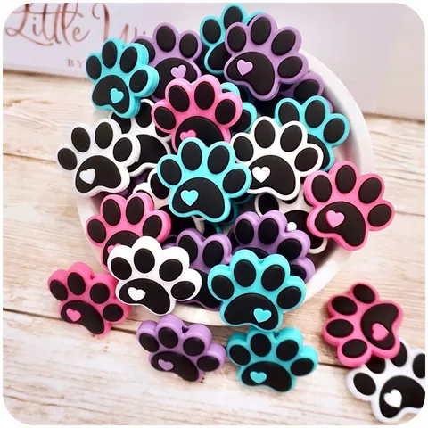 Silicone Cartoon Dog Paw Teether Beads DIY Baby Pacifier Chain Accessories Heart Pattern Animal Paw Teething Pendant For Infants